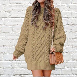 Fall Crewneck Long Sleeve Oversized Cable Knit Chunky Short Sweater Dress